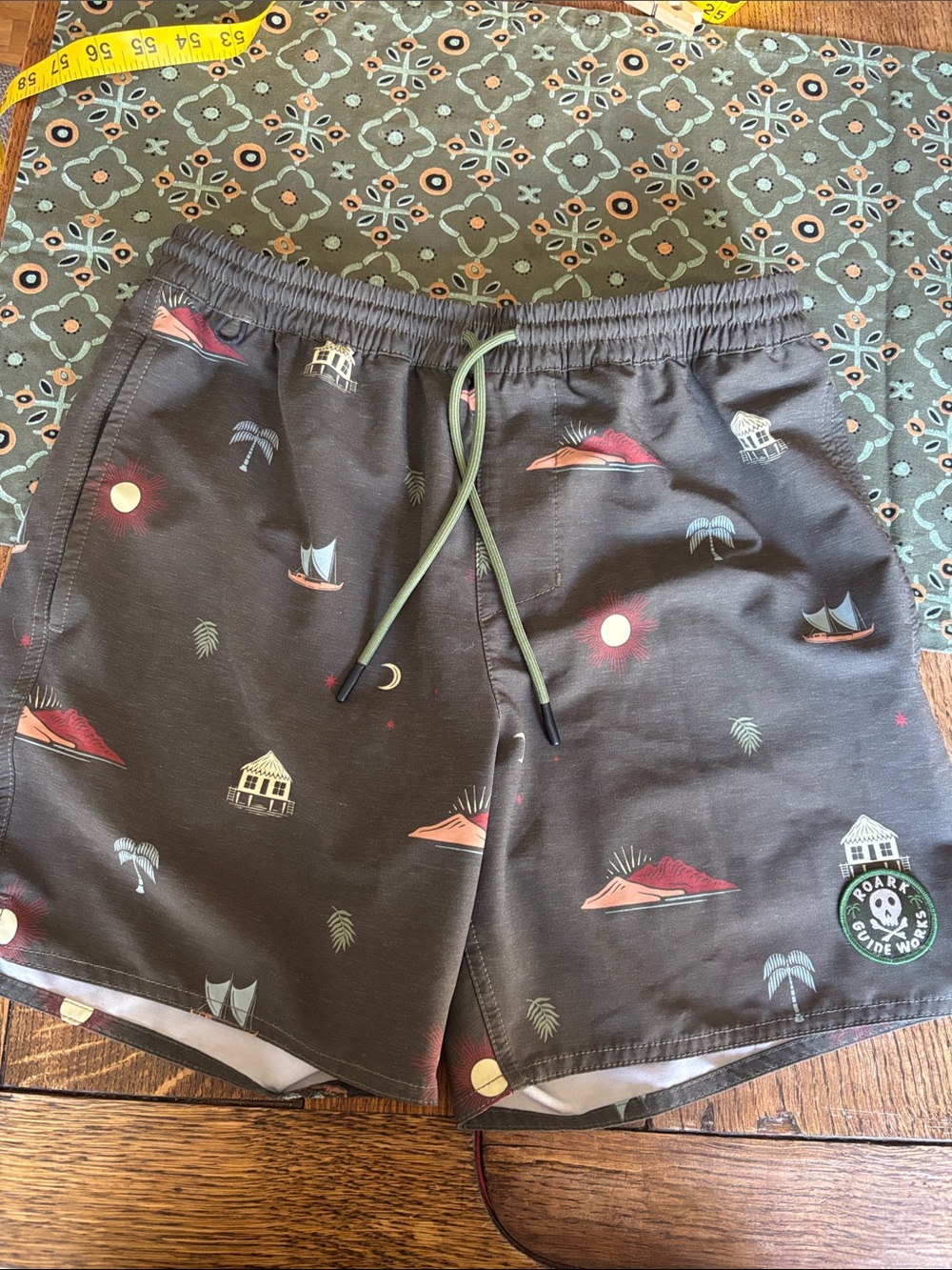 Roark Olive Swim Shorts with Coral and Mint Motifs